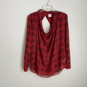 CAbi Red Diamon Blouse Sheer Long Sleeve Keyhole Back #3125
